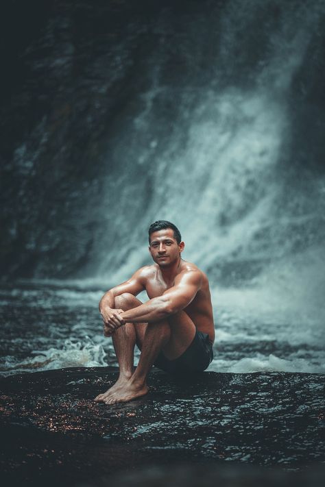 Waterfall Man Male, #Waterfall, #Male, #Man Fantasy Photoshoot Male, Waterfall Photoshoot Ideas Men, Men Swimwear Aesthetic, Waterfall Photoshoot Ideas, Bourdier Photoshoot Poses, Waterfall Photo, Ocean Photos, Men Photoshoot, Editing Background