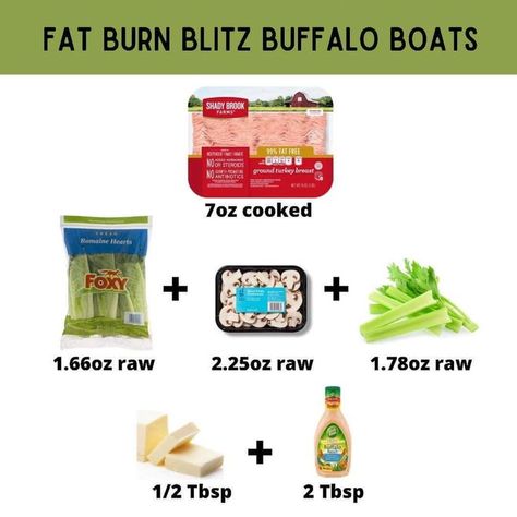 Directions:
Cook 99% lean ground turkey in pan. Remove and weigh out 7oz and set the remainder aside. Add back 7oz of cooked lean ground turkey to pan, and add 1/2 Tbsp butter and diced mushrooms. Cook until mushrooms are softened. Remove from heat. In a small bowl, mix turkey+mushroom mixture with 2Tbsp Light Buffalo Ranch (Wishbone) and minced celery. Fill romaine lettuce leaves with mixture and enjoy! Optavia Fat Burn Blitz, Stomach Fat Burning Foods, Lean Protein Meals, Burn Belly Fat Workout, Elliptical Workout, Fat Burning Cardio, Lean Meals, Lean And Green Meals, Fat Burning Smoothies