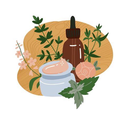 Composition of bottle with care products, face crean and serum. Different colorful jars with organic cosmetics isolated. Various tube decorated by branch with leaves and design elements. Flat vector Beauty Products Illustration, Essential Oil Logo Design Ideas, Serum Illustration, Organic Cosmetics Logo, Organic Products Logo, Cosmetic Illustration, Cosmetic Logo Design, Backgrand Instagram, Cosmetics Illustration