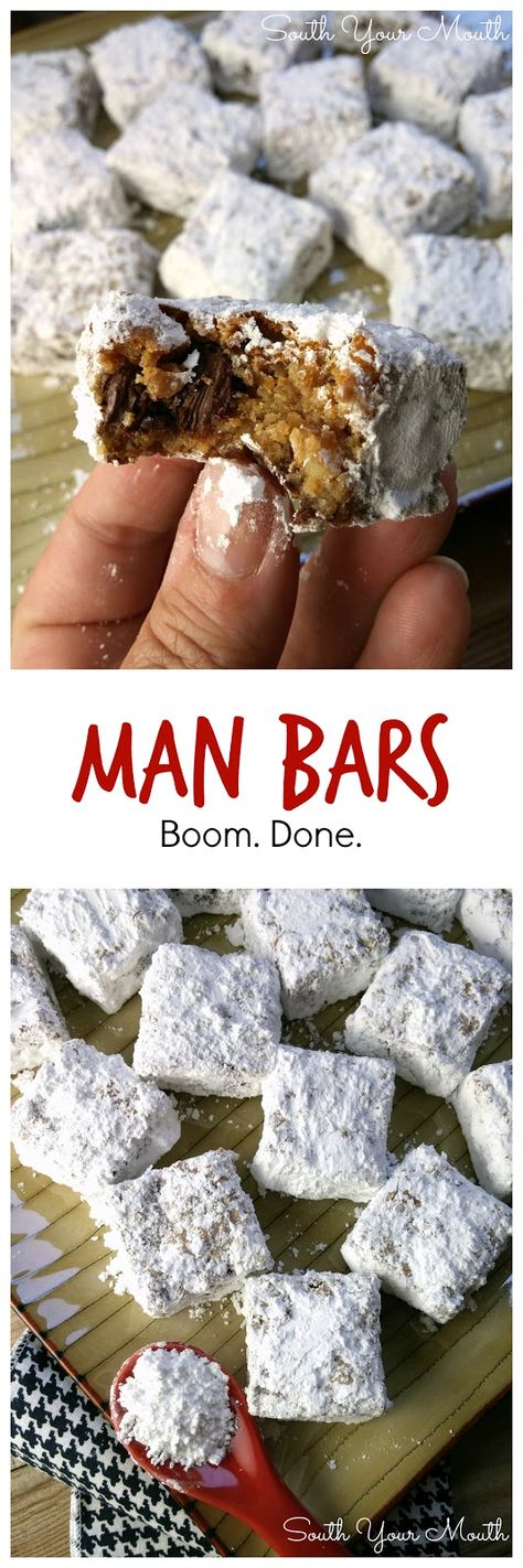 Man Bars! Crazy easy, unique cookie bars made with graham cracker crumbs and chocolate chips, cut and rolled in powdered sugar. #manbars Man Bars, Brownie Desserts, Unique Cookies, Oreo Dessert, Cookie Bar Recipes, Yummy Sweets, Graham Cracker Crumbs, Graham Cracker, Tea Cakes