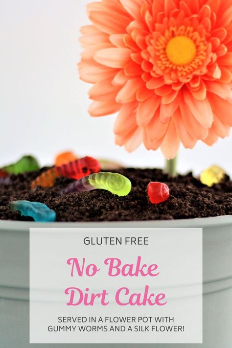 This gluten free no bake dirt cake is easy to make, kid friendly, and the perfect make-ahead dessert. Serve it with gummy worms and a trowel for a cute presentation that everyone will love. Gluten Free Dirt Cups, Gluten Free Dirt Cake, Gluten Free Dirt Pudding, Dirt Cake Cups, Dirt Pie, Dirt Dessert, Oreo Dirt Cake, Gluten Free Oreos, Dirt Cake Recipes