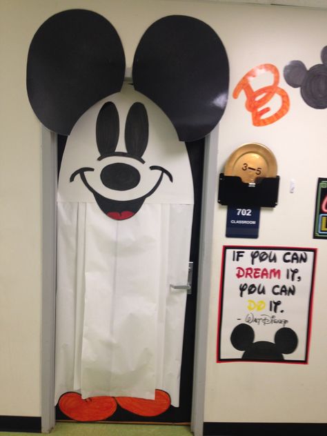 Mickey Mouse Ghost Door                                                                                                                                                     More Mickey Mouse Halloween Classroom Door, Mickey Mouse Halloween Door Decoration, Mickey Mouse Ghost, Mickey Classroom, Halloween Doors, Mickey Mouse Classroom, Halloween Classroom Door, Halloween Classroom Decorations, Ghost Door