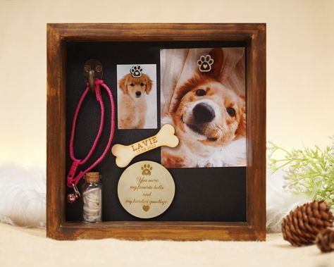 Product Details: Material: Wood, Acrylic Shadow box size: 8.6x8.6x2 inches Background size: 7.8x7.8 inches Frame Color Options: Black, Rustic Wood, Maple Wood The package includes: - Wooden frame & Wooden background - A wooden UV printed photo - An iron collar holder: for elegantly showcasing your pet's collar or other sentimental pieces. - A small glass jar: for those who wish to preserve a lock of their pet's hair. - Three pairs of magnets: fixed on 2 sides of the background, with the option t