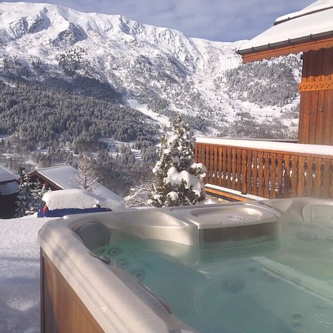 Hot tub views at Chalet Evergreen Chalet Hot Tub, Snowy Hot Tub, Swiss Alps Chalet, Snow Chalet, Swiss Ski Chalet, Swiss Ski, Ski Hotel, Indoor Spa, Snow Aesthetic