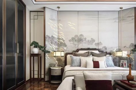 Chinese Style Interior, Modern Chinoiserie, Chinese House, Zen Home Decor, Chinese Interior, Bedroom Wall Designs, Resort Design, Bed Furniture Design, Modern Chinese