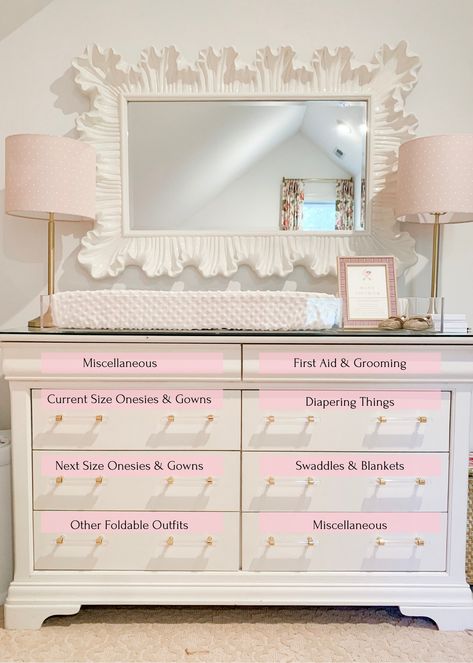 Organizing Nursery Closet, Pink Preppy Nursery, Organizing Nursery Drawers, Drawer Organization Nursery, Baby Nursery Closet Organization, Nursery Organization Closet, Baby Nursery Organization Ideas, Nursery Room Organization, Baby Girl Nursery Organization