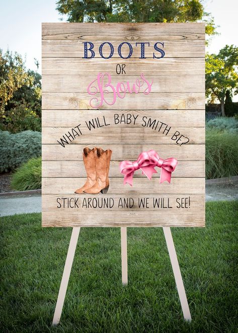 Gender Reveal Poster Board Ideas, Bucks Or Bows Gender Reveal Party Ideas, Country Theme Gender Reveal Ideas, Gender Reveal Boots Or Bows Decorations, Cute Country Gender Reveal Ideas, Gender Reveal Ideas For Party Theme Boots Or Bows, Boots And Bows Gender Reveal Ideas, Boot Or Bows Gender Reveal, Country Gender Reveal Ideas For Party