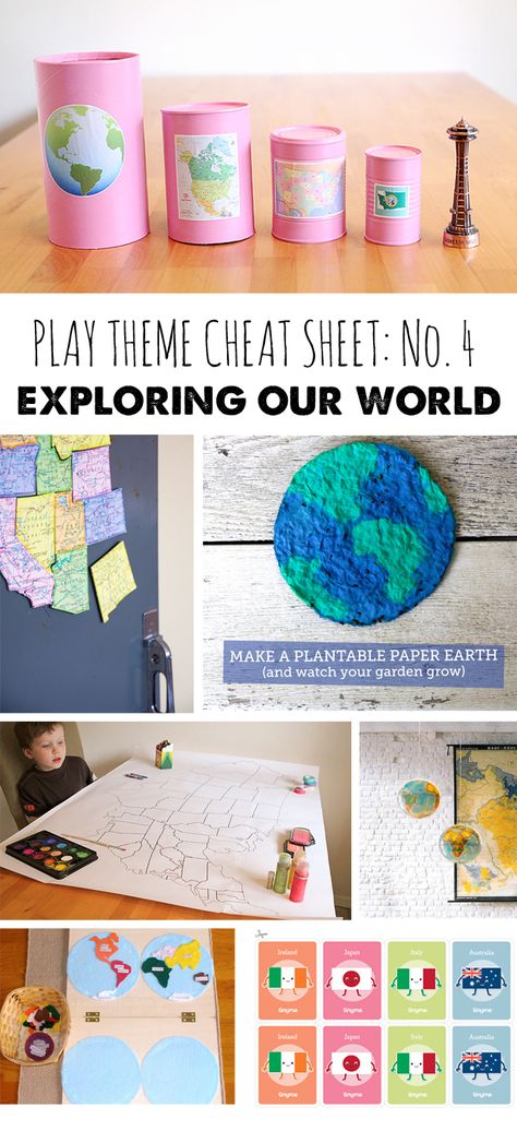 We’re past due for this month’s play theme cheat sheet. Ready for another stellar list of ways to play all month long? I chose learning about the world around us for July for two reasons: It seemed like a great educational theme to cover while school’s out and so many families are hitting the road … Preschool Social Studies, Montessori Geography, Geography For Kids, Homeschool Social Studies, Homeschool Geography, Messy Kids, Homeschool History, World Geography, Teaching Social Studies