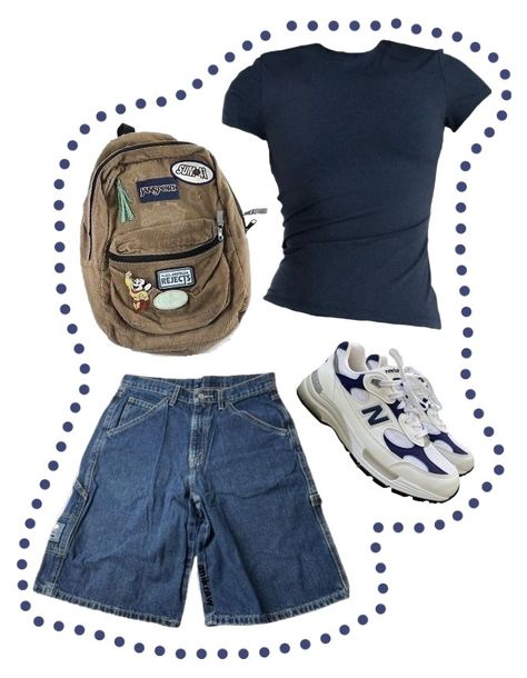 Dark Blue Jorts Outfit, Blue Jorts Outfits, Blue Backpack Aesthetic, Dark Blue Shirt Outfit Woman, Dark Blue Outfit Aesthetic, Fame Outfits, Outfit Ideas Tomboy, Jorts Aesthetic, Outfits Jorts