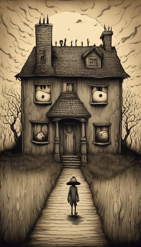 they leave their houses Scary House Drawing, Horror House Drawing, Creepy House Drawing, Haunted House Drawing, Brownie Packaging, Horror Room, Scary Houses, Art Learning, Animation Characters