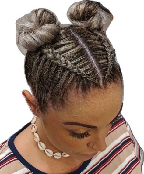 Festival style hair braiding with space buns Space Bun Hair, Braided Designs, Festival Hair Braids, Space Buns Hair, Braided Space Buns, Space Bun, Dutch Braid Hairstyles, Dutch Braids, Bella Hair