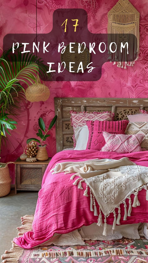 Dream in pink! Click to discover 17 enchanting pink bedroom ideas that infuse your space with softness and charm. 🌸💤 #PinkBedroom #SweetDreams #CharmingInteriors #BedroomDecor #SoftAndChic Woman Cave Ideas Bedrooms, Hot Pink Bedroom Ideas, Hot Pink Bedroom, Hot Pink Bedrooms, Pink Bedroom Design, Pink Bedroom For Girls, Boho Chic Bedroom, Pink Bedrooms, Woman Cave