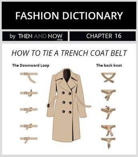 Day 7 of my #VisualDictionary post marathon. Here is a #FashionDictionary for how to tie a trench coat - just in case you need to know how… Outfit Trenchcoat, Coat Belt, Belt Coat, Mode Tips, Coat Classic, Trench Coat Outfit, Fashion Dictionary, Trench Coat Style, Belt Fashion