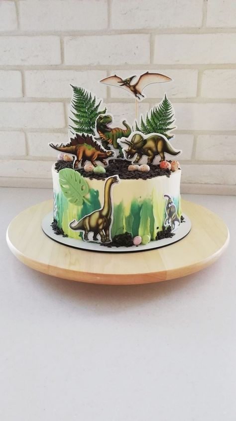 Dort Dinosaurus, Cake With Dinosaurs, Dinosaur Cakes For Boys, Dinosaur Themed Cake, Dino Party Food, Dino Birthday Cake, Girl Dinosaur Party, Dinosaur Birthday Theme, Jurassic Park Birthday