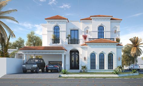 1 Kanal House on Behance Mediterranean House Designs, Roman House, Home Designs Exterior, Classic House Exterior, Classic House Design, House Design Pictures, Modern House Facades, Modern Exterior House Designs, Model House Plan