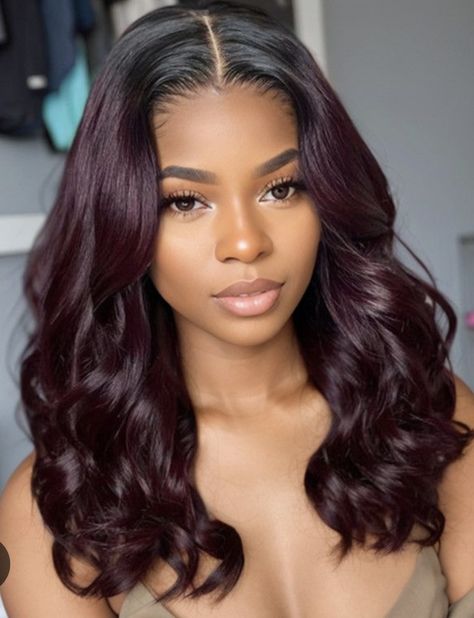 Fall Plum Hair, Plum Hair Olive Skin, Dark Burgundy Purple Hair, Dark Violet Hair Burgundy, Burgundy Hair On Brown Skin, Wine Purple Hair, Warm Purple Hair, Plum Hair Colour, Mulberry Hair Color