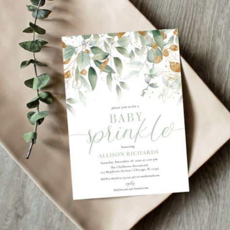 Elegant gender neutral greenery gold baby sprinkle #genderneutral #eucalyptusfoliage #watercolorsgoldgreenleaves #luxuryelegantsimplemodernclean #fauxgoldfoilleaf #lightgreensagewhitenature #succulent #greenerybabysprinkle #girlboybabysprinkle #sprinkledwithlove Gender Neutral Invitations, Baby Sprinkle Invitations, Gender Neutral Baby Shower Invitations, Gold Baby Shower, Sprinkle Invitations, Nature Baby Shower, Baby Invitations, Gold Baby Showers, Gender Neutral Baby Shower