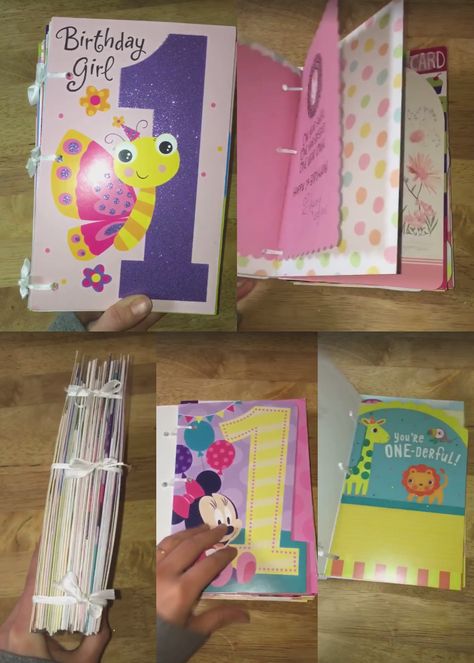 Cute idea for kids birthdays. Collect all of their cards and put them together in a book to look at later! Saving Birthday Cards Ideas, Diy Birthday Book Ideas, What To Do With Birthday Cards, First Birthday Album Ideas, Birthday Memory Ideas, First Birthday Keepsake Gift, Keepsakes For Kids, First Birthday Memory Ideas Guest Books, Card Keepsake Book