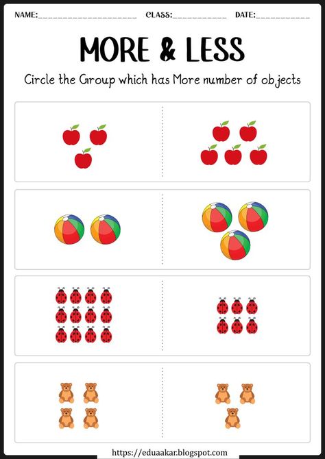 Download free worksheet to teach More & Less pre-math concept to kids. Worksheet For Nursery Class, Nursery Worksheets, Pre K Worksheets, Easy Math, Preschool Math Worksheets, Free Preschool Worksheets, Kids Worksheets Preschool, Numbers Kindergarten, Flashcards For Kids