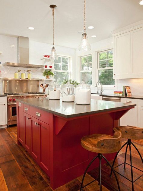 Barn Red Kitchen Island (The Best Barn Red Paint) | The Lettered Cottage Red Kitchen Cabinets, Red Kitchen Island, Painted Kitchen Island, Red Cabinets, Kitchen Paint Colors, Red Kitchen, Simple Kitchen, Red Barns, Kitchen Redo