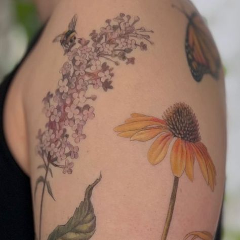 𝚂𝚒𝚖𝚘𝚗𝚎    |   𝚃𝚊𝚝𝚝𝚘𝚘 𝙰𝚛𝚝𝚒𝚜𝚝 on Instagram: "Fully healed botanical sleeve for Lizzy 🤍

This project started out with the 2 butterflies (Monarch and Common Buckeye) that Lizzy claimed from my available flash designs. 

1 year later she reached out to add a garden of flowers and other little creatures to the existing butterflies and so we did. It was really fun to work around the butterflies that we had already added and to design them into a cohesive sleeve.

I’m so happy with how this 3/4 sleeve turned out and really miss doing bigger scale projects like this - which unfortunately is less of an option when full time traveling as they always require more than 2 sessions (which is the max I recommend that you sit in a row).

𝐌𝐨𝐧𝐚𝐫𝐜𝐡 & 𝐜𝐨𝐦𝐦𝐨𝐧 𝐛𝐮𝐜𝐤𝐞𝐲𝐞: 1 y Simone Tattoo, Butterflies Monarch, Botanical Sleeve, 2 Butterflies, Garden Of Flowers, Flash Designs, Little Creatures, Flash Design, Full Time Travel