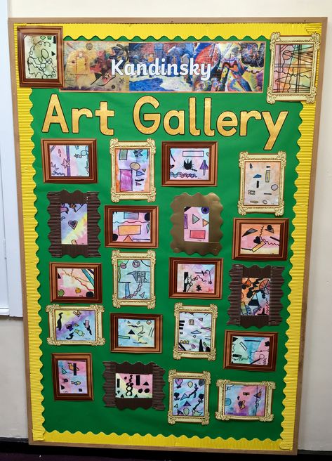 Preschool Art Board Display, Gallery Wall Bulletin Board, Student Art Wall, Art Gallery Classroom Display, Museum Bulletin Board, Art Gallery For Preschool, Art Wall Display Classroom, Art Gallery Wall Classroom, Students Art Work Display