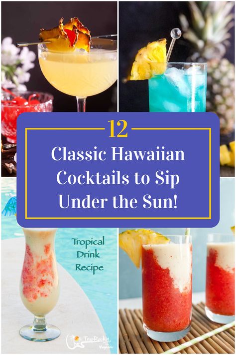 Collage of 4 classic hawaiian cocktails. Luau Themed Food, Hawaiin Drinks, Tropical Mixed Drinks, Luau Drinks, Tropical Drink Recipes, Hawaiian Drinks, Islands Of Hawaii, Hawaiian Cocktails, Alcoholic Punch Recipes