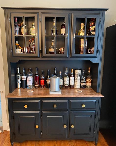 Irina 😊 Montville NJ 07082 on Instagram: “This hutch a made it for myself! My husband is very good at making delicious cocktails 🍹 🍸 and we need to store all the ingredients…” China Cabinet Liquor Cabinet, Welsh Dresser Bar Ideas, Liquor Cabinet Display, Welsh Dresser Bar, Bar Dresser Ideas, China Hutch Bar, Hutch Into Bar Liquor Cabinet, China Cabinet Into Bar, Hutch Repurpose Ideas