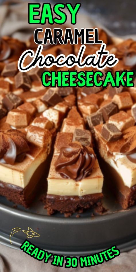 Easy Caramel Chocolate Cheesecake recipe. This decadent dessert combines creamy cheesecake, rich chocolate, and gooey caramel into a heavenly treat that's perfect for any occasion. Whether you're celebrating a special event or simply satisfying your sweet tooth, this cheesecake is sure to impress. Prepare to Toffee Cheesecake Recipes, Easy Caramel Cheesecake, Caramel Chocolate Cheesecake, Chocolate Caramel Cheesecake, Toffee Cheesecake, Caramel Cheesecake Recipes, Chocolate Cheesecake Recipe, Delicious Cheesecake Recipes, Chocolate Bowls