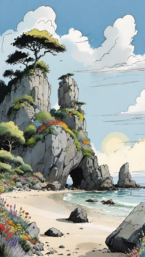 Drawing References Scenery, Cliffs Drawing, Fantasy Landscape Drawing, Underwater Concept Art, Beach Concept Art, Yuumei Art, Large Landscape Painting, Digital Painting Techniques, Landscape Concept