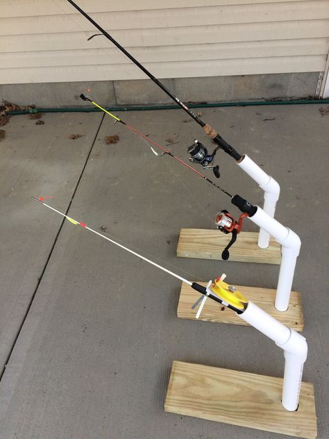 DIY ICE ROD HOLDER — Joe Miller Outdoors Fishing Pole Holder Diy, Pvc Fishing Rod Holder, Ice Fishing Rod Holders, Ice Fishing Shack Plans, Diy Fishing Pole, Ice Fishing Diy, Diy Fishing Rod Holder, Ice Fishing Sled, Ice Fishing Shack