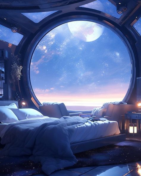 Modern Home With A Skywell Moon Interior Design, Scifi Bedroom, Spaceship Interior Bedrooms, Modern Futuristic House, Sci Fi Bedroom, Sci Fi Rooms, Spaceship Room, Futuristic Living Room, Futuristic Room