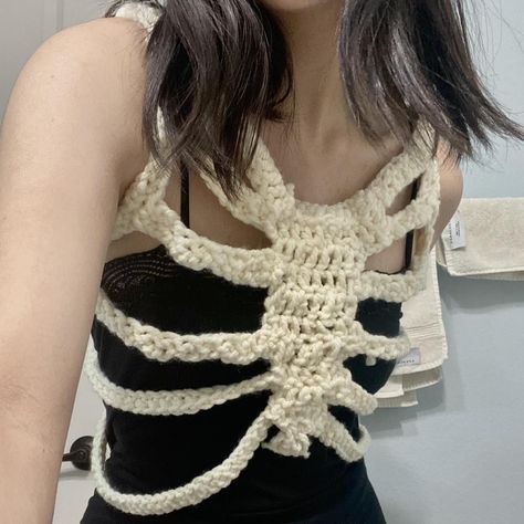 Crop Top Blouse Designs, Top Blouse Designs, Skeleton Corset, Alt Crochet, Skeleton Crochet, Rave Outfit Ideas, Crochet Corset, Festival Aesthetic, Blouse Tops Designs