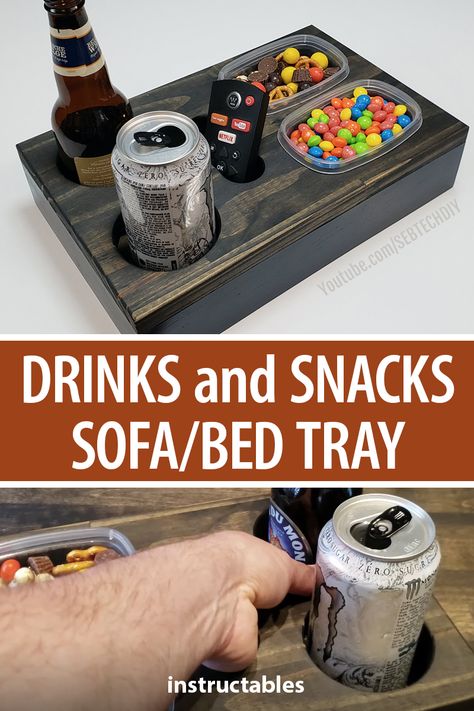 Drink Holder Diy, Wine Picnic Table, Drinks And Snacks, Snack Holders, Workbench Plans Diy, Craftsman Furniture, Remote Holder, Drinks Tray, Bed Tray