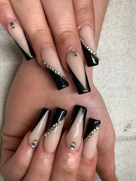 Black Square Nails With Rhinestones, Black Acrylic Nails With Rhinestones Bling, Black 21st Birthday Nails, Black Nails With Rhinestones Coffin, Black And White Nails With Gems, Black And Rhinestone Nails, Black Nails With Rhinestones Simple, Black Nails Rhinestones, Black French Tip With Gems