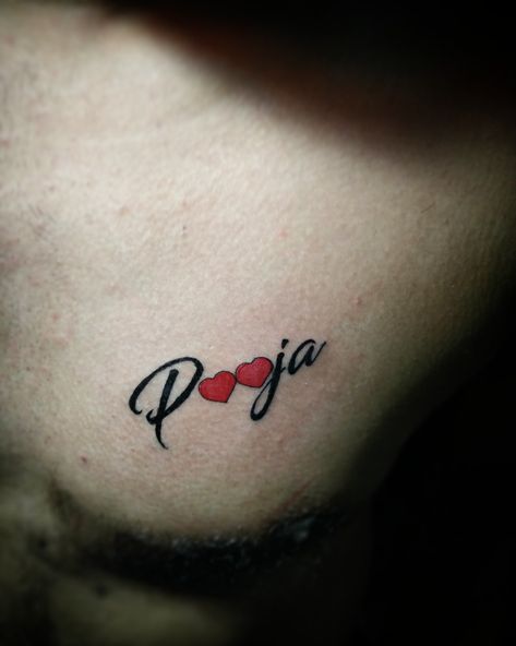 Pooja name Tattoo by Shivam Malviya for appointment cal: 9039291305 or DM on Instagram id : i_am_a_tattoo_artist Himanshu Name Tattoo, Pooja Tattoo Name, Pooja Name Logo, Pooja Name Tattoo Designs, Pooja Name Dp, Pooja Name Wallpaper, Pooja Name, Name Tattoo On Hand, Rose Vine Tattoos