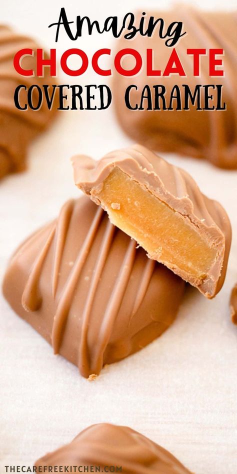 This Chocolate Covered Caramel recipe provides easy-to-follow instructions so that even beginners can make these delicious candies in their very own kitchen. These soft and chewy caramels are dipped in melted chocolate then topped with flakey sea salt for a perfect treat no matter what the occasion. #thecarefreekitchen #candy #chocolate #dipped #caramel #homemade #holidays #saltedcaramel Caramel Homemade, Homemade Caramel Candy, Homemade Milk Chocolate, Carmel Chocolate, Caramel Candies, Caramel Bites, Caramel Treats, Caramel Recipe, Chocolate Candy Recipes