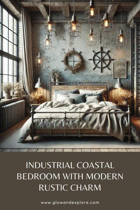 This bedroom blends industrial loft style with modern coastal decor, featuring exposed brick, rustic wood, and nautical accents for a unique, cozy retreat. 🌊 #ModernCoastalDecor #IndustrialStyle #RusticCharm #BedroomDesign Industrial Master Bedrooms Decor, Moody Beach House, Coastal Industrial Decor, Beach Room Aesthetic, Industrial Coastal, Moody Beach, Coastal Industrial, Modern Coastal Decor, Farmhouse Coastal