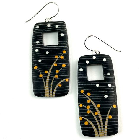 Polymer Earrings - A delicate botanical pattern shimmers on the surface of these rectilinear earrings. A little window opens opens the structure and lightens the feel of these earrings. Polymer clay marquetry with surgical steel hooks. Modern Hand Painted Drop Earrings, Hand Painted Rectangular Earrings Gift, Modern Handmade Rectangular Earrings, Rectangle Window, Polymer Clay Earring Ideas, Clay Eye, Torch Fired Enamel Jewelry, Polymer Clay Art Jewelry, Earrings Handmade Clay