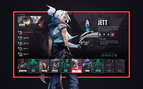 UI designer impresses VALORANT fans with redesigned character selection screen | Dot Esports Character Selection Screen, Unique Website Design, Game Gui, Gui Design, Game Interface, Game Ui Design, Cyberpunk Character, Riot Games, Game Character Design