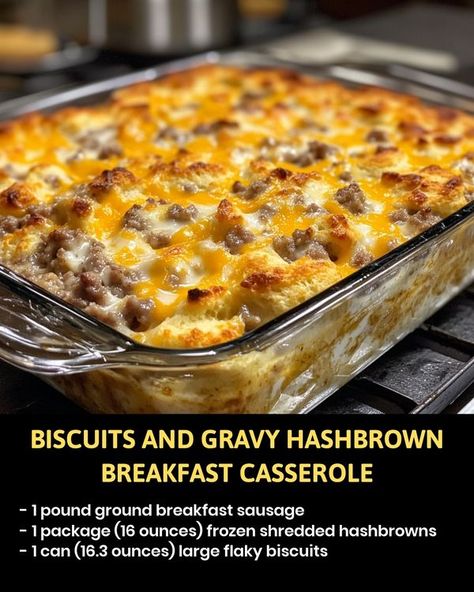 Biscuits and Gravy Hashbrown... - Recipes on a budget Hashbrown Biscuit And Gravy Casserole, Biscuits And Gravy Hashbrown Breakfast Casserole, Biscuits And Gravy Hash Brown Casserole, Yummy Breakfast Ideas Easy, Biscuit And Gravy Breakfast Casserole, Southern Breakfast Ideas, Frozen Shredded Hashbrowns, Crockpot Breakfast Recipes, Biscuits Gravy Casserole