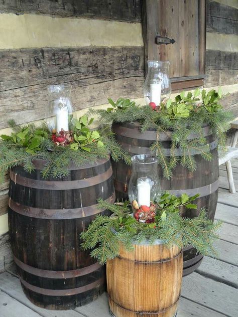 Wine Barrel Christmas Decor, Christmas Picture Background, Christmas Decir, Whiskey Barrel Decor, Wine Barrel Decor, Cabin Christmas Decor, Barrel Decor, Holiday Greenery, Christmas Planters