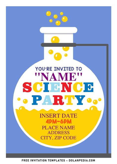 Cool (Free Editable PDF) Colorful Science Party Invitation Templates For Your Little Scientist Science Party Ideas, Id Badge Template, Science Invitations, Science Party Invitations, Pool Party Invitation Template, Mad Science Party, Birthday Party Invitations Free, Mad Scientist Party, Scientist Party