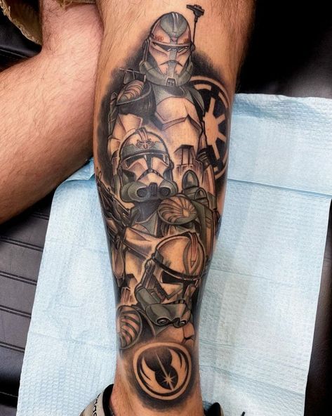 Star Wars Arm Tattoo, Black Star Wars Tattoo, Star Wars Jedi Tattoo, Bad Batch Tattoo Ideas, Clone Tattoo Star Wars, Geek Tattoo Sleeve, Star Wars Sleeve, Star Wars Clone Tattoo Ideas, Star Wars Tattoo Clone