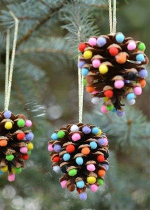 38 Handmade Christmas Ornaments - Pom Poms and Pinecones Christmas Ornaments Julkransar Diy, Cheap Christmas Diy, Pine Cone Crafts, Diy Holz, Easy Christmas Crafts, Handmade Christmas Ornaments, Christmas Crafts For Kids, Tree Branch, Pine Cone