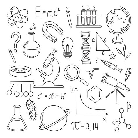 Science World Drawing, Scientific Drawing Chemistry, Science Vector Illustration, Sciencetist Drawing, Cute Physics Doodles, Physic Drawings, Physics Related Drawings, Laboratory Doodle, Science Cartoon Drawings