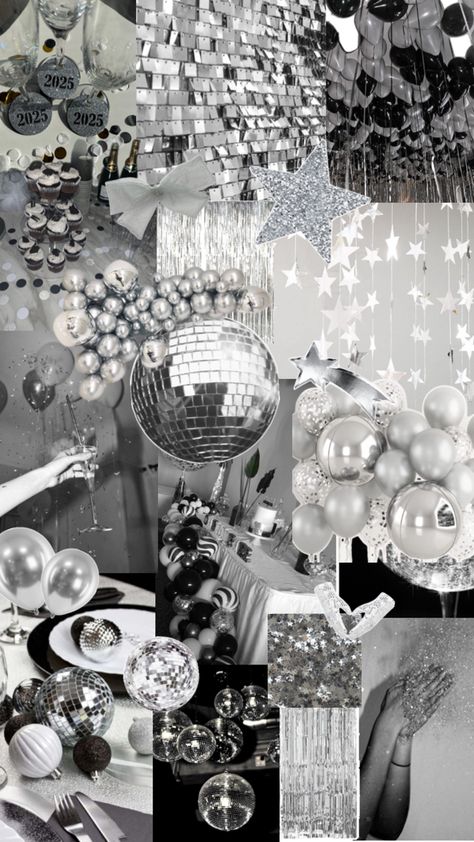 Black And Silver Disco Party, Silver Birthday Party Theme, Black And White New Years Eve Party, Silver Party Aesthetic, Black And Silver Birthday Theme, Black And Silver Party Theme, Silver Party Theme, White And Silver Birthday, White Party Aesthetic