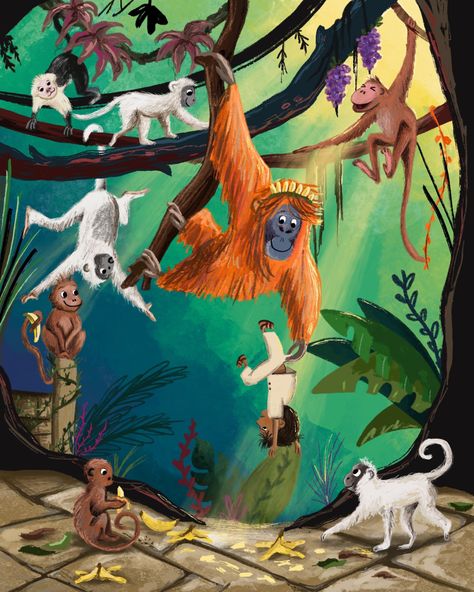 Jungle Monkey Illustration, Monkey Jungle Illustration, The Jungle Book Illustration, Jungle Book Illustration, Jungle Animals Illustration, Jungle Drawing, Jungle Tattoo, Book Illustration Layout, Children's Book Characters