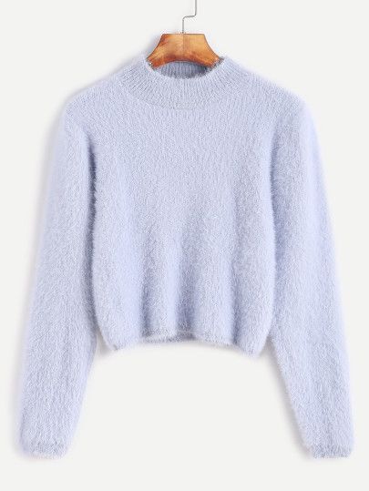 Pale Blue Crew Neck Crop Fuzzy Sweater Crew Neck Sweaters, Sweaters Blue, Pullovers Outfit, Blue Crew, Women Sweaters, Long Sleeve Pullover Sweater, Fuzzy Sweater, Simple Trendy Outfits, Mode Inspo