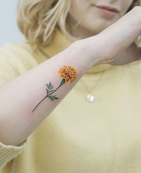 Yellow Flower Tattoos, Marigold Flower Tattoo, Marigold Tattoo, Carnation Tattoo, Flower Tattoo Meanings, Flower Wrist Tattoos, Muster Tattoos, Small Flower Tattoos, Birth Flower Tattoos